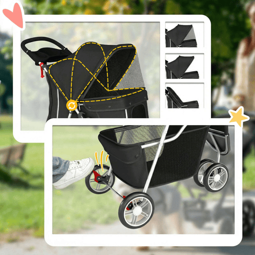 PawHut Carrinho para Cães Dobrável Carrinho para Cães Pequenos com Cesto de Armazenamento Janelas de Rede Porta-Copos e Rodas Suporta até 10 kg 77x44x102 cm Preto
