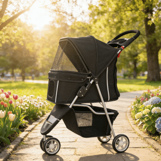 PawHut Carrinho para Cães Dobrável Carrinho para Cães Pequenos com Cesto de Armazenamento Janelas de Rede Porta-Copos e Rodas Suporta até 10 kg 77x44x102 cm Preto