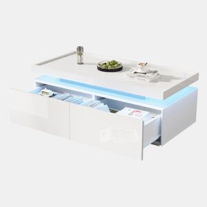 Mesa de centro retangular de painel de partículas com 2 gavetas e luz led,branco
