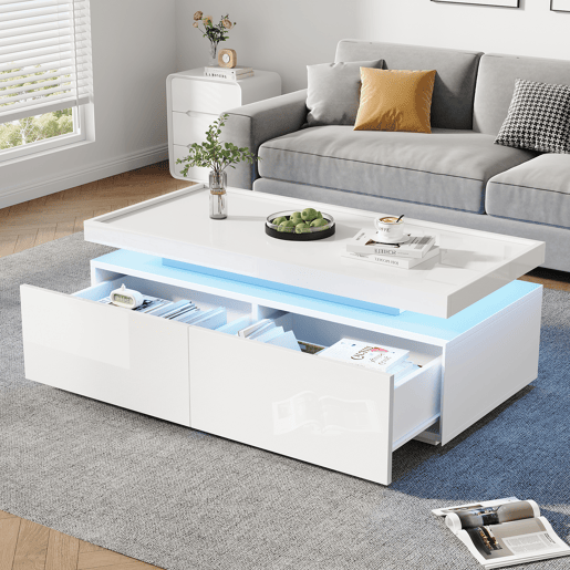 Mesa de centro retangular de painel de partÃculas com 2 gavetas e luz led,branco Mesa de centro retangular de painel de partÃculas com 2 gavetas e luz led,branco
