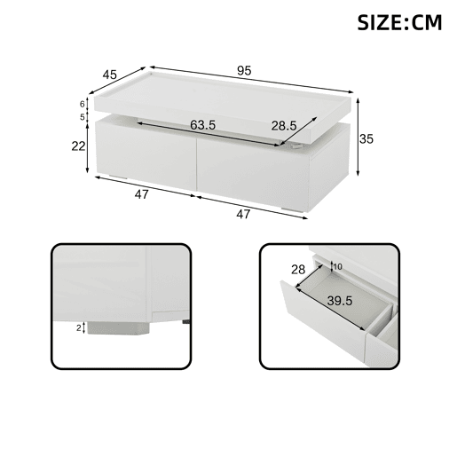 Mesa de centro retangular de painel de partÃculas com 2 gavetas e luz led,branco Mesa de centro retangular de painel de partÃculas com 2 gavetas e luz led,branco