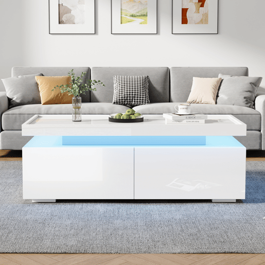Mesa de centro retangular de painel de partÃculas com 2 gavetas e luz led,branco Mesa de centro retangular de painel de partÃculas com 2 gavetas e luz led,branco