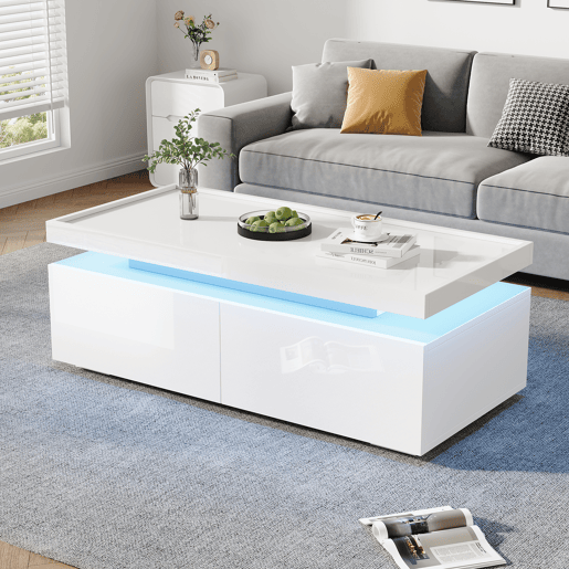 Mesa de centro retangular de painel de partÃculas com 2 gavetas e luz led,branco Mesa de centro retangular de painel de partÃculas com 2 gavetas e luz led,branco