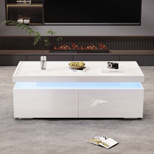 Mesa de centro retangular de painel de partÃculas com 2 gavetas e luz led,branco Mesa de centro retangular de painel de partÃculas com 2 gavetas e luz led,branco