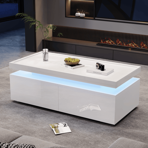 Mesa de centro retangular de painel de partÃculas com 2 gavetas e luz led,branco Mesa de centro retangular de painel de partÃculas com 2 gavetas e luz led,branco