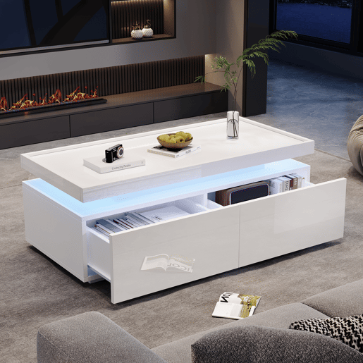 Mesa de centro retangular de painel de partÃculas com 2 gavetas e luz led,branco Mesa de centro retangular de painel de partÃculas com 2 gavetas e luz led,branco