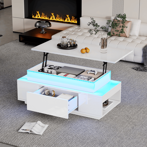 Mesa de centro elevável retangular de painel de partículas com luz led,branco Mesa de centro elevável retangular de painel de partículas com luz led,branco