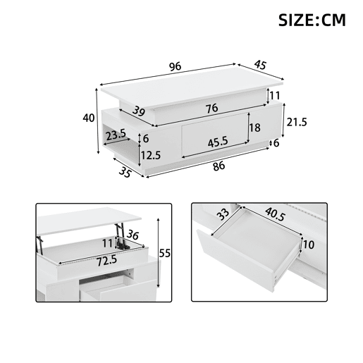 Mesa de centro elevável retangular de painel de partículas com luz led,branco Mesa de centro elevável retangular de painel de partículas com luz led,branco