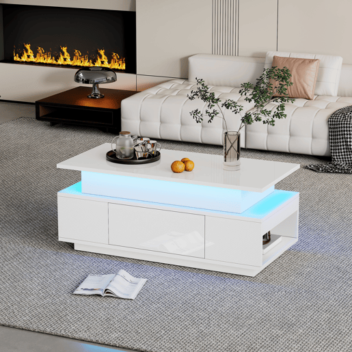 Mesa de centro elevável retangular de painel de partículas com luz led,branco Mesa de centro elevável retangular de painel de partículas com luz led,branco
