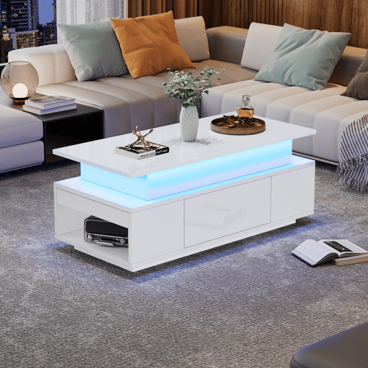 Mesa de centro elevável retangular de painel de partículas com luz led,branco Mesa de centro elevável retangular de painel de partículas com luz led,branco