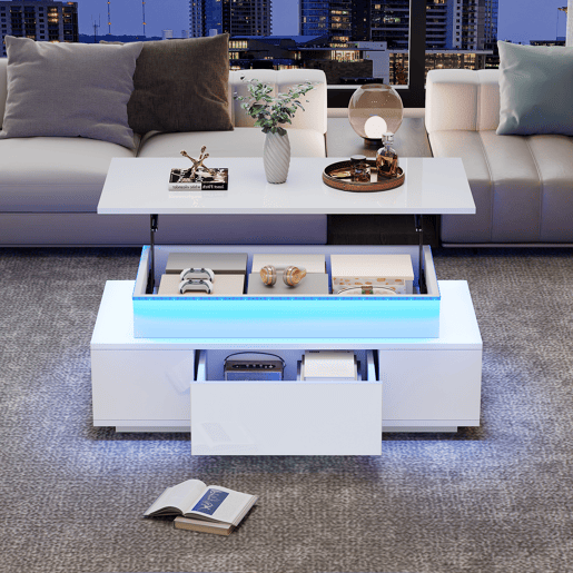 Mesa de centro elevável retangular de painel de partículas com luz led,branco Mesa de centro elevável retangular de painel de partículas com luz led,branco