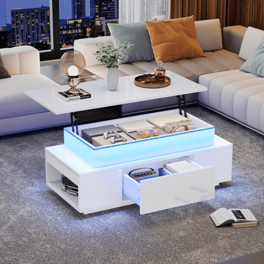 Mesa de centro elevável retangular de painel de partículas com luz led,branco Mesa de centro elevável retangular de painel de partículas com luz led,branco