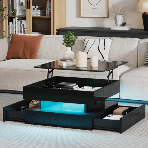 Mesa de centro elevável quadrada de painel de partículas com luz led,preto