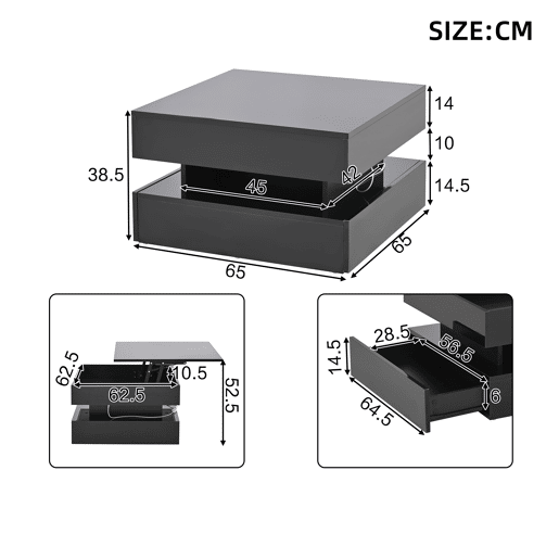 Mesa de centro elevável quadrada de painel de partículas com luz led,preto
