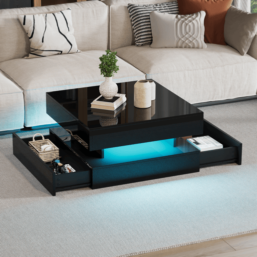 Mesa de centro elevável quadrada de painel de partículas com luz led,preto
