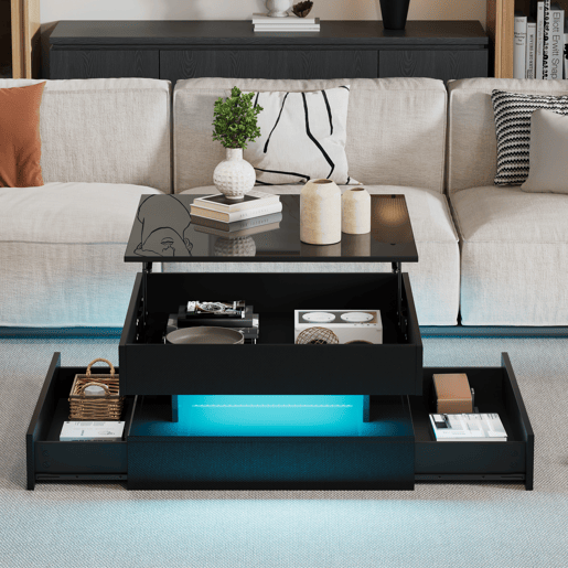 Mesa de centro elevável quadrada de painel de partículas com luz led,preto