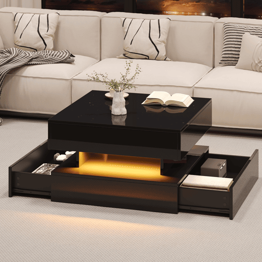 Mesa de centro elevável quadrada de painel de partículas com luz led,preto