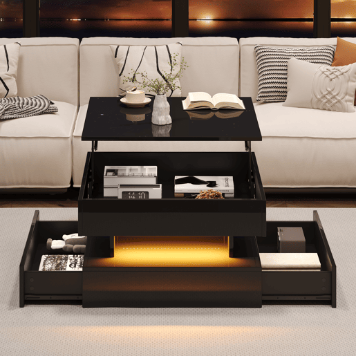 Mesa de centro elevável quadrada de painel de partículas com luz led,preto