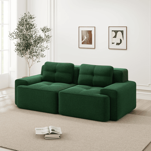Sofá modular sem estrutura - 2 lugares, moderno, assento profundo, veludo cotelê, cama - Verde
