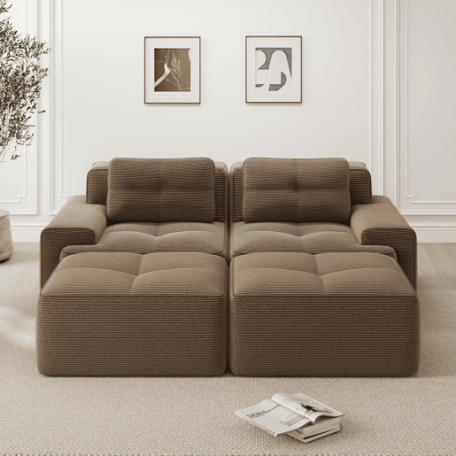 Sofá modular de 2 lugares - Boneless, em U, profundo, com otomana, confortável, estofado em veludo cotelê - Castanho