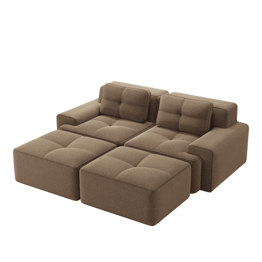 Sofá modular de 2 lugares - Boneless, em U, profundo, com otomana, confortável, estofado em veludo cotelê - Castanho