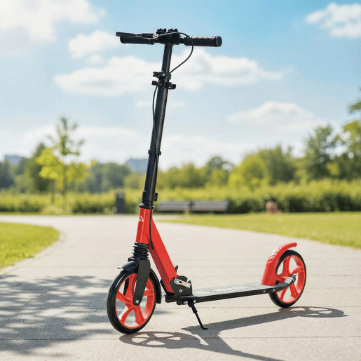 HOMCOM Trotinete Dobrável para Adultos e Crianças a partir de 14 Anos com Guiador Ajustável, Rodas Grandes de 200 mm, Amortecimento e Travão, Carga Máxima de 100 kg, 91,5x36,5x91-104 cm, Vermelho