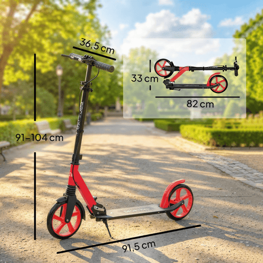 HOMCOM Trotinete Dobrável para Adultos e Crianças a partir de 14 Anos com Guiador Ajustável, Rodas Grandes de 200 mm, Amortecimento e Travão, Carga Máxima de 100 kg, 91,5x36,5x91-104 cm, Vermelho