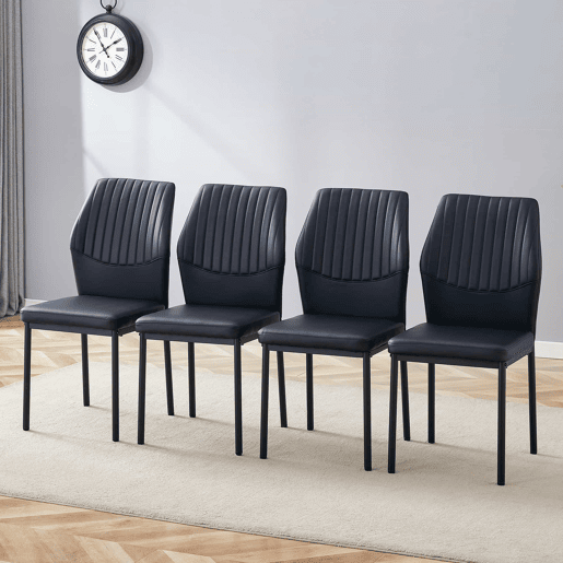 Conjunto de 4 cadeiras para sala de jantar - Encosto em PU preto com padrão vertical + pernas metálicas pretas - Cor preta