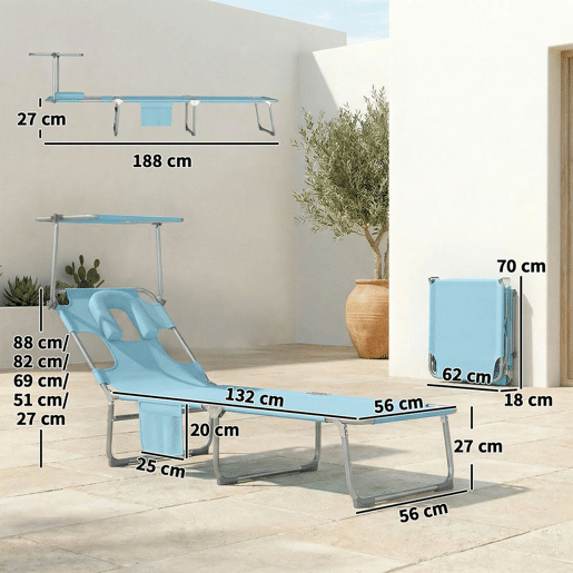 Outsunny Conjunto de 2 Espreguiçadeiras Dobráveis com Dossel 360° Encosto 5 Posições Orifício Facial e Textilene 550 gm² 188x56x27 cm Azul Claro