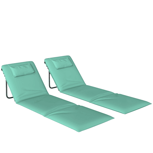 Outsunny Conjunto de 2 Tapetes de Praia Dobráveis, Tapetes Portáteis com Encosto Ajustável, Almofada Acolchoada, Tecido Oxford 600D e Estrutura Metálica, para Jardim, 146x50x2 cm, Verde