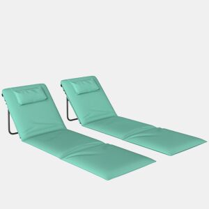 Outsunny Conjunto de 2 Tapetes de Praia Dobráveis, Tapetes Portáteis com Encosto Ajustável, Almofada Acolchoada, Tecido Oxford 600D e Estrutura Metálica, para Jardim, 146x50x2 cm, Verde