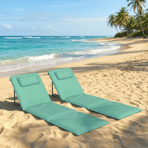 Outsunny Conjunto de 2 Tapetes de Praia Dobráveis, Tapetes Portáteis com Encosto Ajustável, Almofada Acolchoada, Tecido Oxford 600D e Estrutura Metálica, para Jardim, 146x50x2 cm, Verde