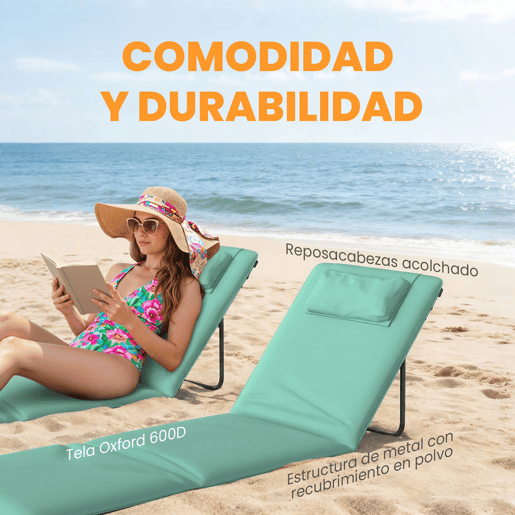 Outsunny Conjunto de 2 Tapetes de Praia Dobráveis, Tapetes Portáteis com Encosto Ajustável, Almofada Acolchoada, Tecido Oxford 600D e Estrutura Metálica, para Jardim, 146x50x2 cm, Verde