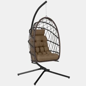 Outsunny Cadeira Suspensa Tipo Ovo com Suporte, Baloiço de Jardim com Cesto Dobrável em Rattan, Almofada Espessa, Apoio de Cabeça, Altura Ajustável, Corda para Interior e Exterior, Castanho