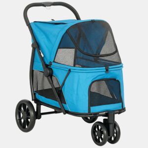 PawHut Carrinho para Cães Dobrável, Carrinho para Cães Médios com 3 Rodas, Janelas de Rede, Almofada Lavável, Bolso, Correias de Segurança, Travões, Todo o Terreno, Carga 20 kg, 92x63x95 cm, Azul