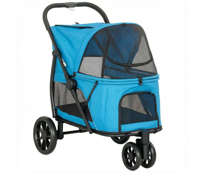 Pawhut carrito para perros plegable, cochecito para perros medianos con 3 ruedas, ventanas de malla, cojín lavable, bolsillo, correas de seguridad,