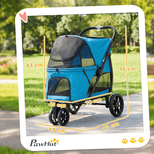 PawHut Carrinho para Cães Dobrável, Carrinho para Cães Médios com 3 Rodas, Janelas de Rede, Almofada Lavável, Bolso, Correias de Segurança, Travões, Todo o Terreno, Carga 20 kg, 92x63x95 cm, Azul