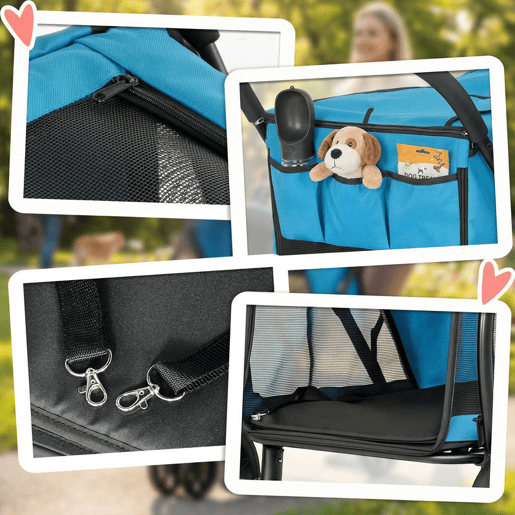 PawHut Carrinho para Cães Dobrável, Carrinho para Cães Médios com 3 Rodas, Janelas de Rede, Almofada Lavável, Bolso, Correias de Segurança, Travões, Todo o Terreno, Carga 20 kg, 92x63x95 cm, Azul
