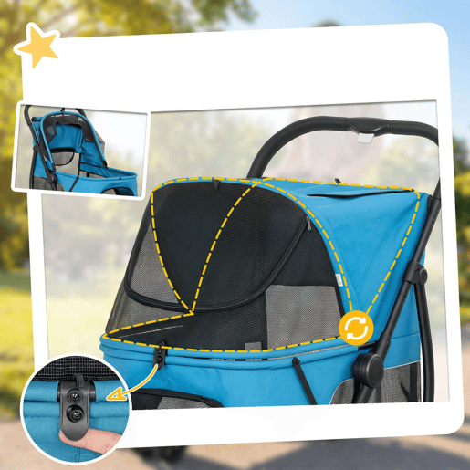 PawHut Carrinho para Cães Dobrável, Carrinho para Cães Médios com 3 Rodas, Janelas de Rede, Almofada Lavável, Bolso, Correias de Segurança, Travões, Todo o Terreno, Carga 20 kg, 92x63x95 cm, Azul