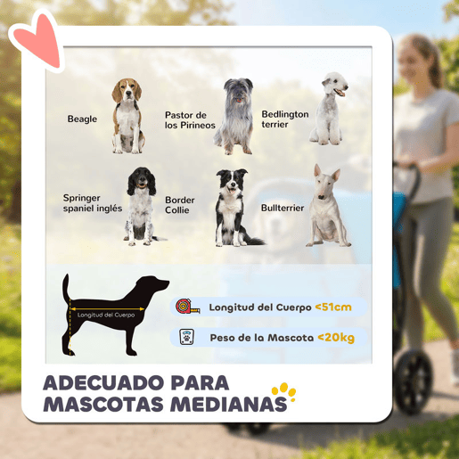 PawHut Carrinho para Cães Dobrável, Carrinho para Cães Médios com 3 Rodas, Janelas de Rede, Almofada Lavável, Bolso, Correias de Segurança, Travões, Todo o Terreno, Carga 20 kg, 92x63x95 cm, Azul