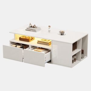 Mesa de centro retangular de painel de partículas com 2 gavetas e luz led,branco