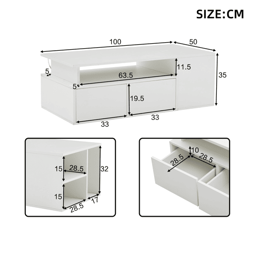 Mesa de centro retangular de painel de partículas com 2 gavetas e luz led,branco
