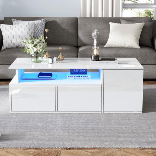 Mesa de centro retangular de painel de partículas com 2 gavetas e luz led,branco