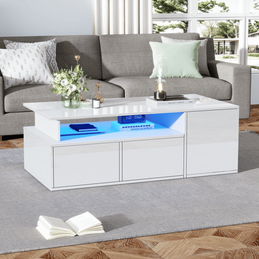 Mesa de centro retangular de painel de partículas com 2 gavetas e luz led,branco
