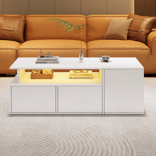 Mesa de centro retangular de painel de partículas com 2 gavetas e luz led,branco