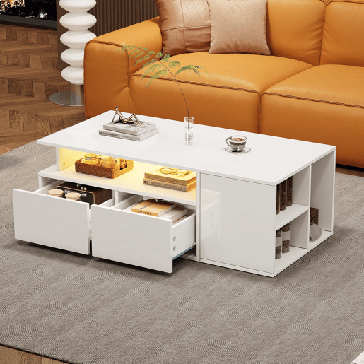 Mesa de centro retangular de painel de partículas com 2 gavetas e luz led,branco