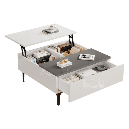 Mesa de centro elevável quadrada de mdf com 1 gaveta e luz led,branco