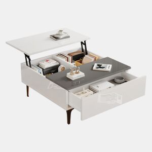 Mesa de centro elevável quadrada de mdf com 1 gaveta e luz led,branco