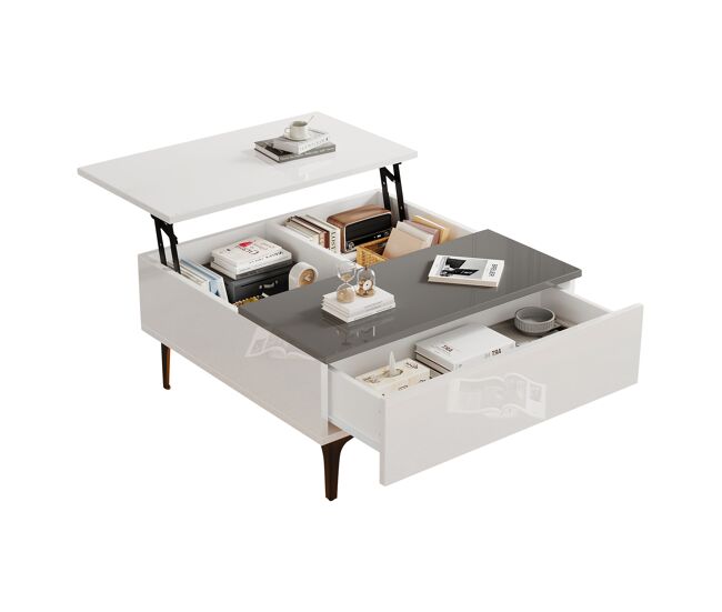 Mesa de centro elevable cuadrada de mdf con 1 cajón y luz led,blanco