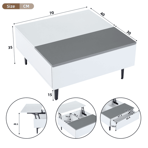 Mesa de centro elevável quadrada de mdf com 1 gaveta e luz led,branco